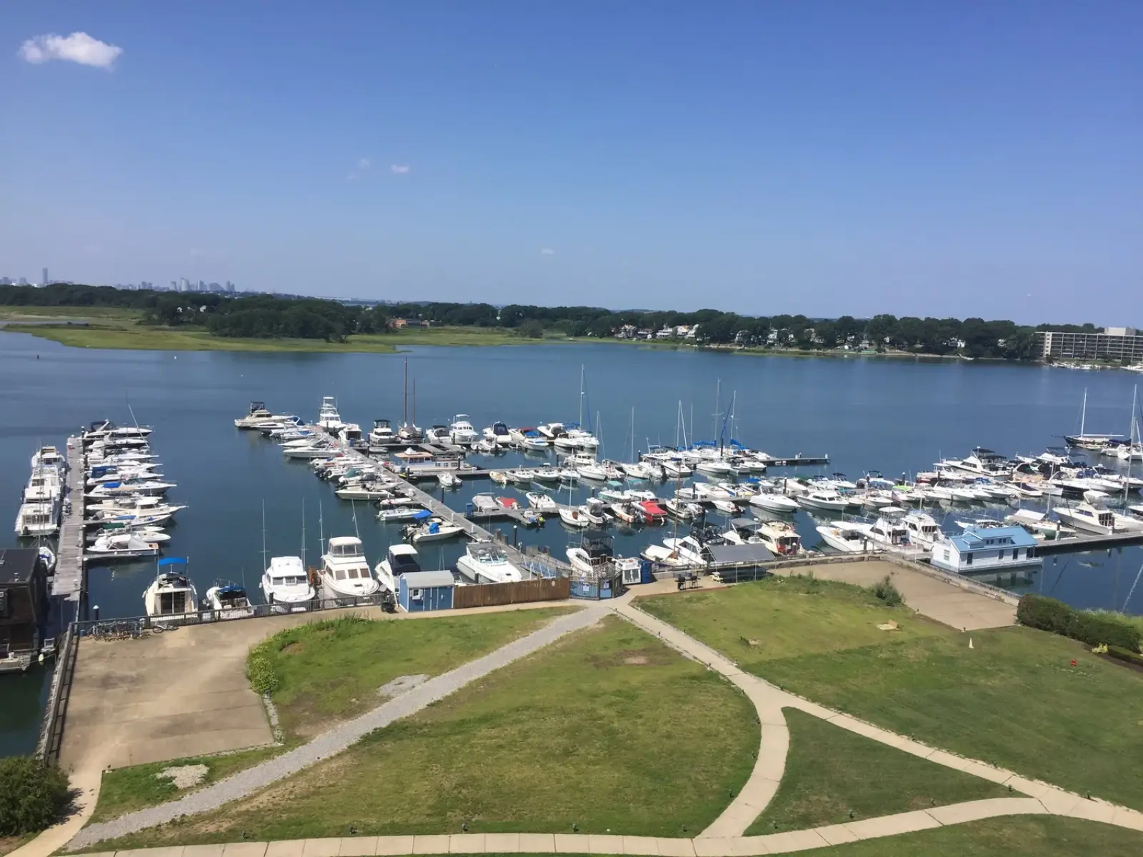 Aerial view of the slips and docks at Captain's Cove Marina on the Quincy Town River